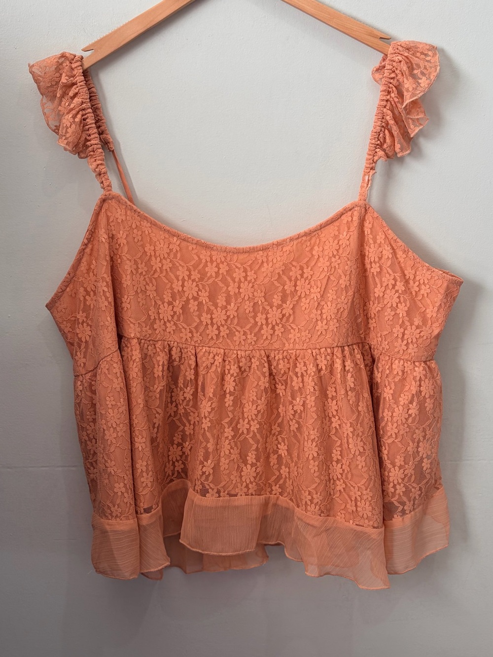 NWT American Eagle Floral Lace Ruffle Smocked Babydoll Cami Top Peach XXL